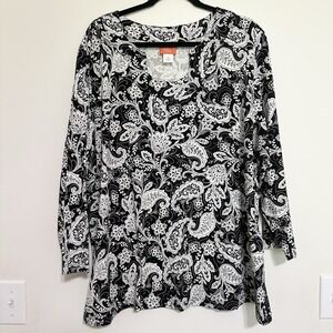 Hearts Of Palm 3X Tunic Top Blouse Black And White Floral Boho Plus Casual Comfy